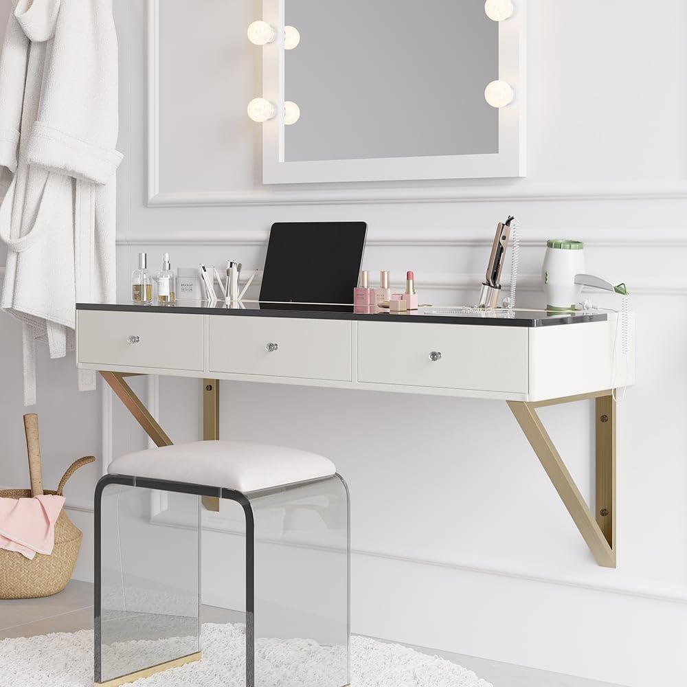 Homary Glass Top Floating Makeup Vanity