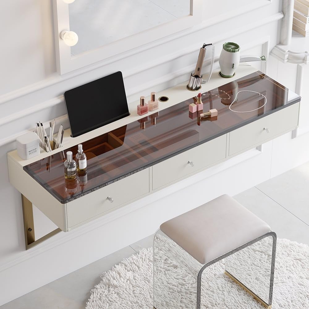 Homary Glass Top Floating Makeup Vanity