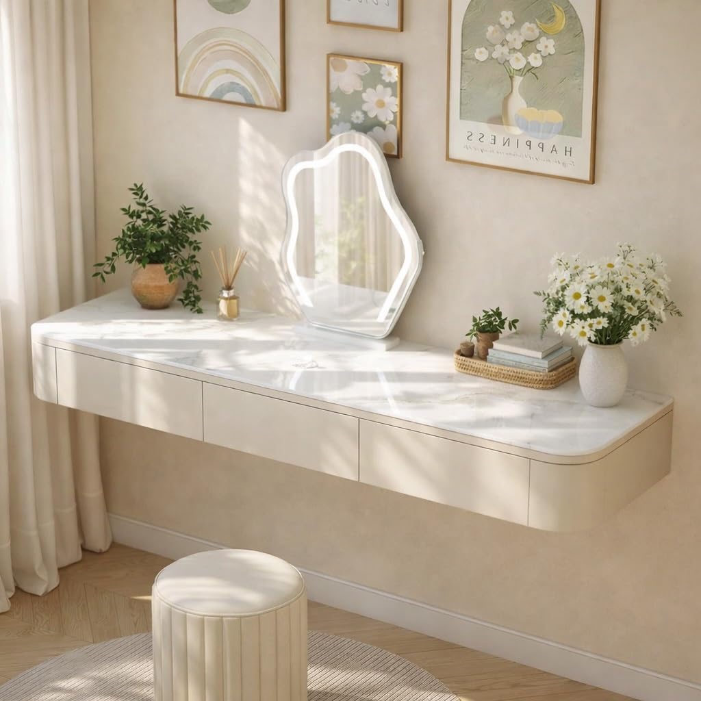 Walnut Marble Floating Makeup Vanity Desk