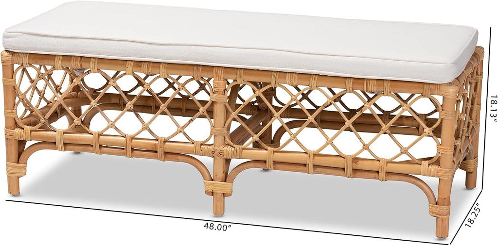 48" Natural Rattan Bench White Cushion