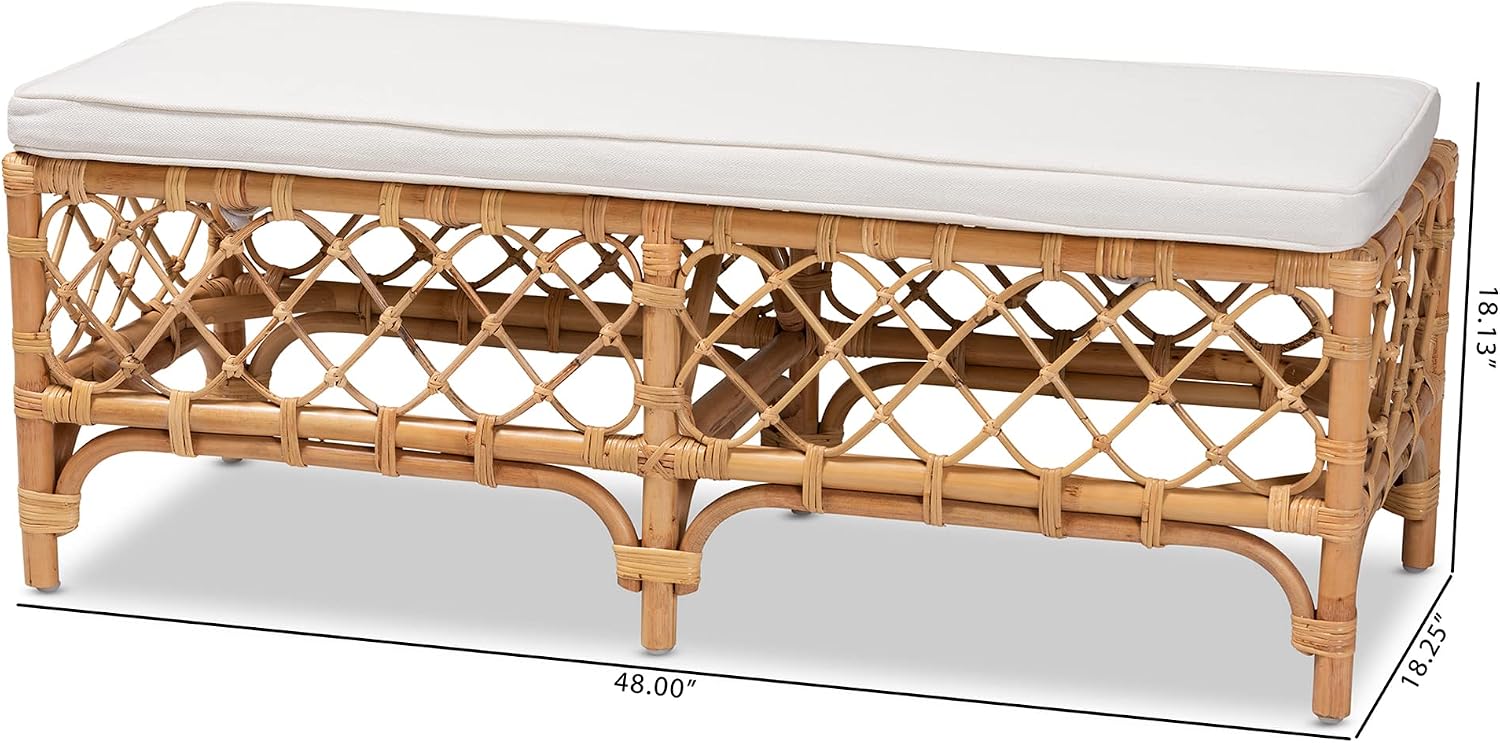 48" Natural Rattan Bench White Cushion