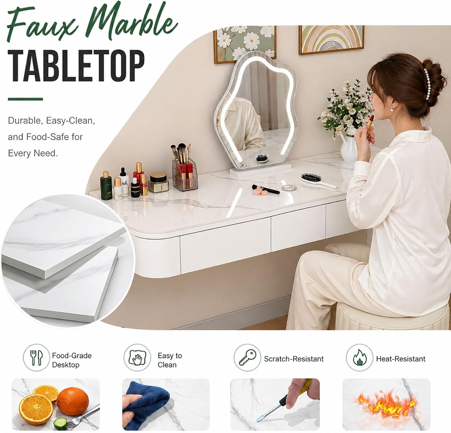 Walnut Marble Floating Makeup Vanity Desk