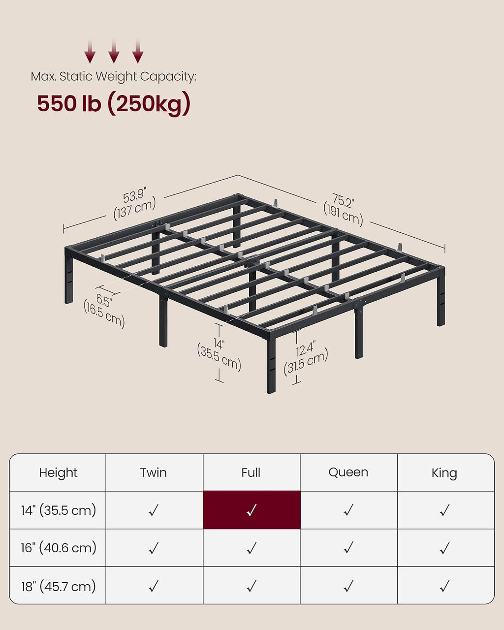 VASAGLE Matte Black Full Metal Bed Frame
