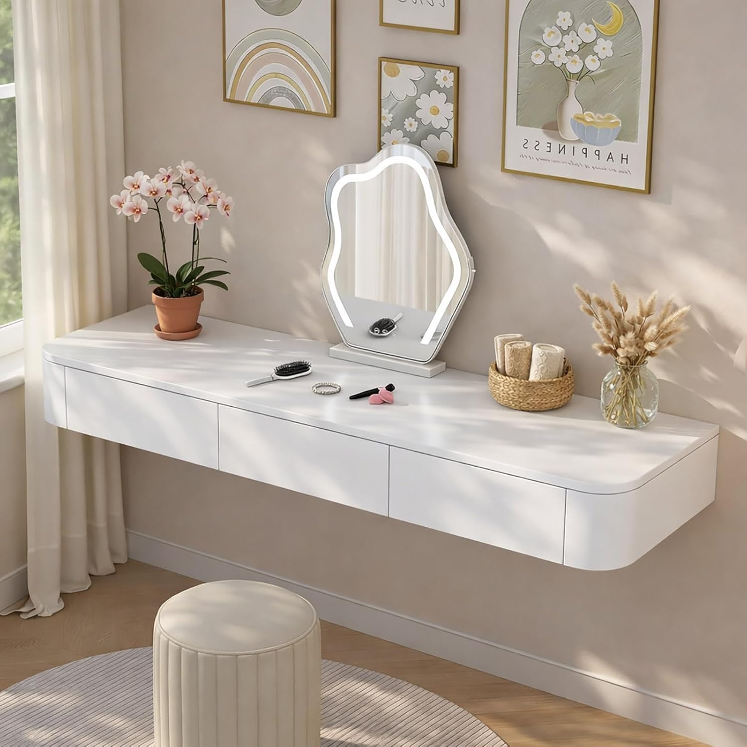 Walnut Marble Floating Makeup Vanity Desk