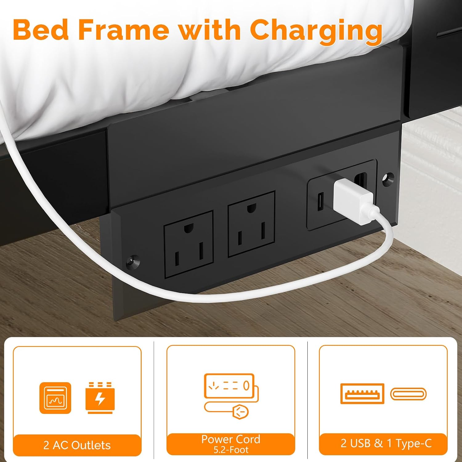VINGLI Industrial LED Platform Bed Frame