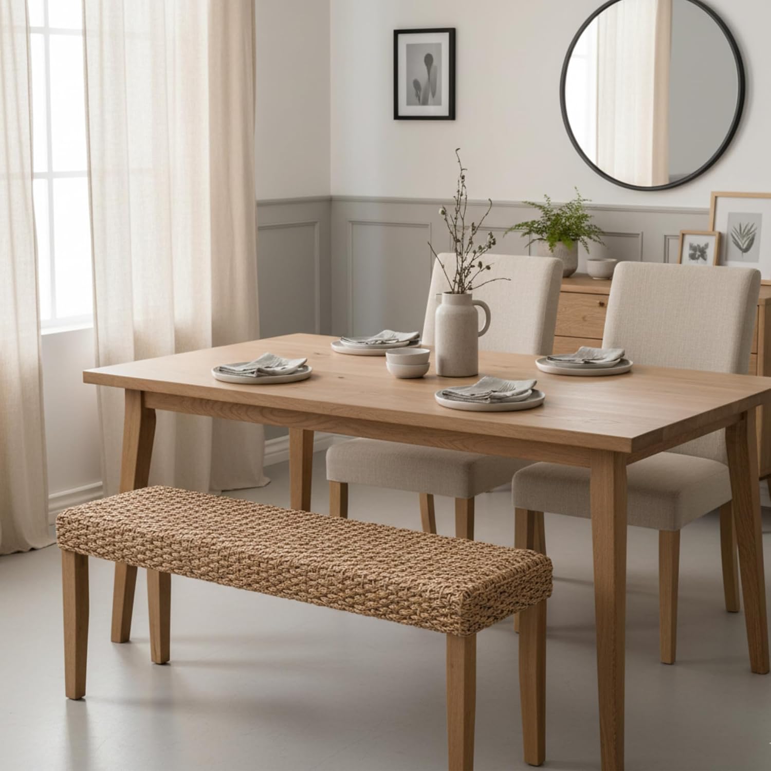 47" Acacia Woven Wicker Boho Bench