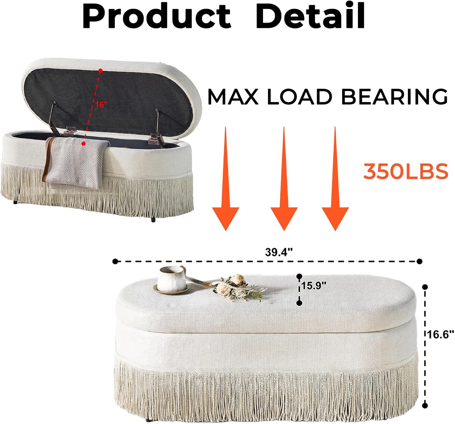 Beige Tassel Storage Ottoman Bench