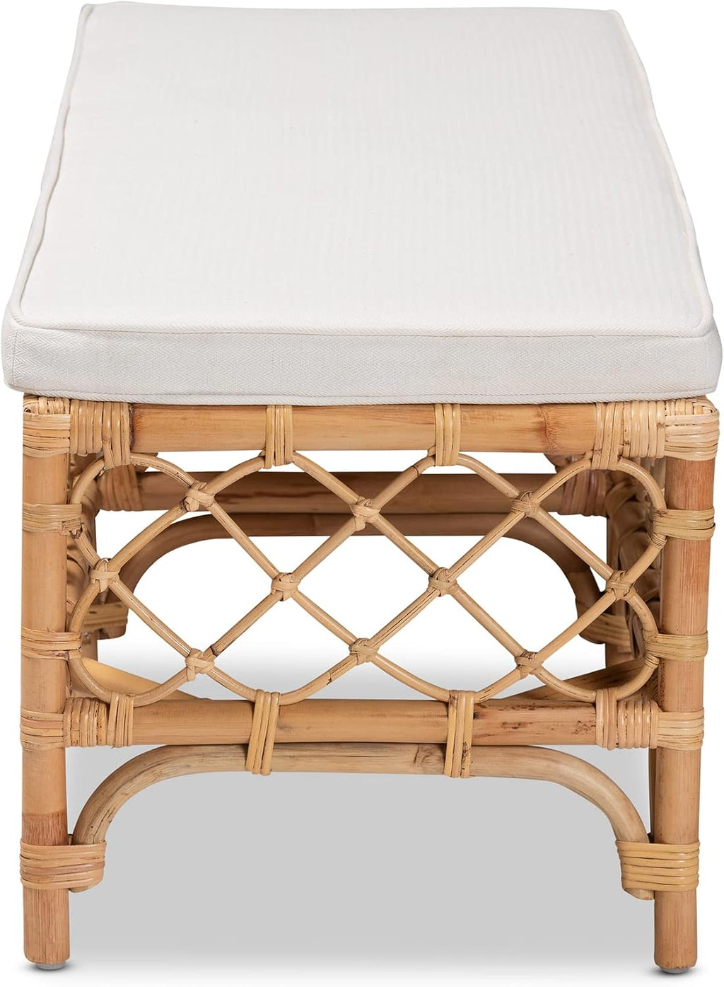 48" Natural Rattan Bench White Cushion