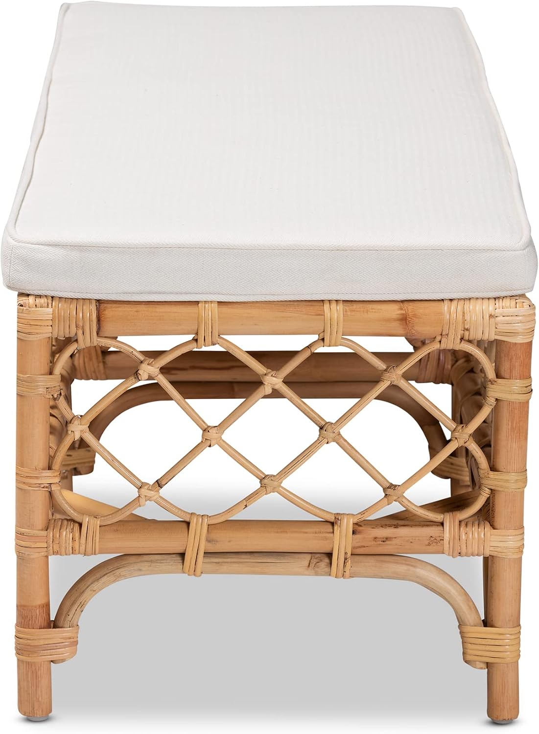 48" Natural Rattan Bench White Cushion