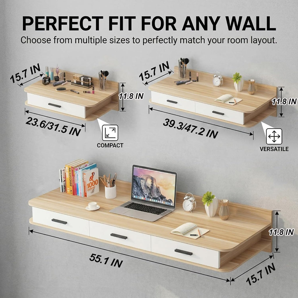 Light Walnut White Floating Makeup Vanity Desk