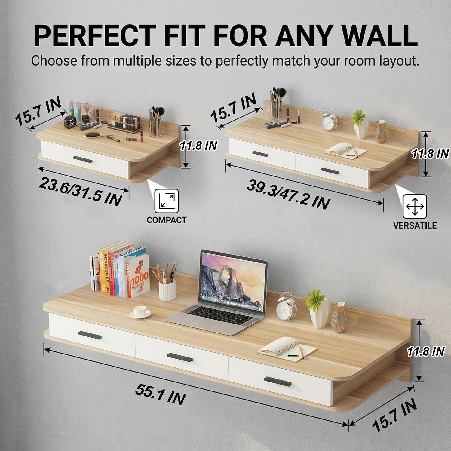 Light Walnut White Floating Makeup Vanity Desk