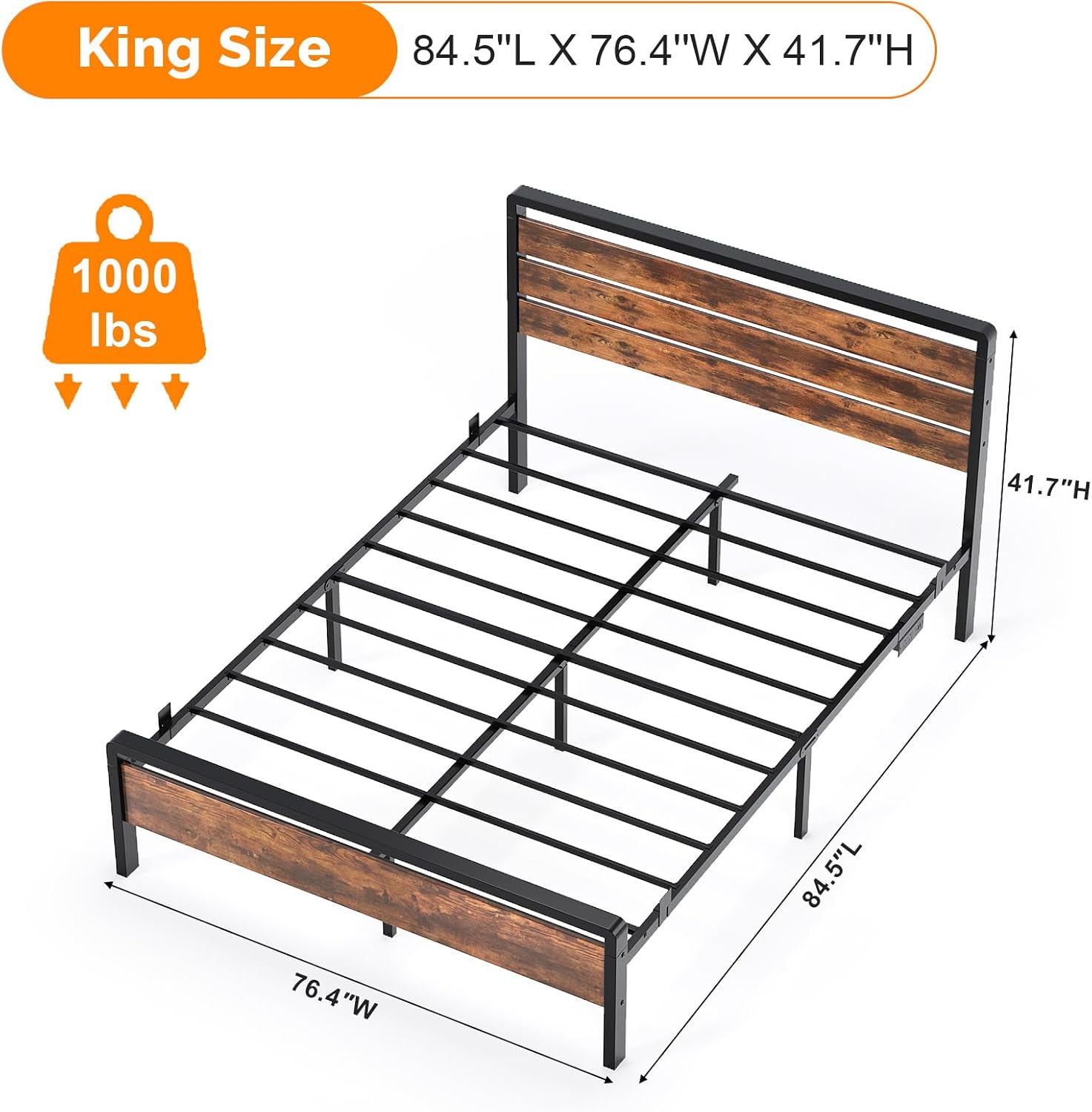 VINGLI Industrial LED Platform Bed Frame