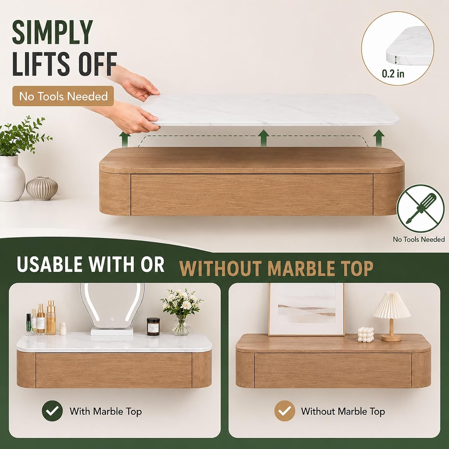 Walnut Marble Floating Makeup Vanity Desk