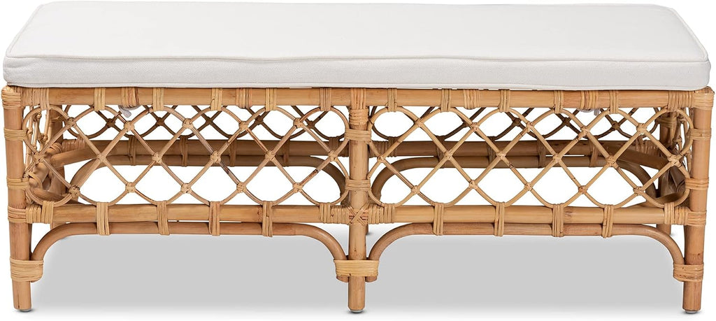 48" Natural Rattan Bench White Cushion
