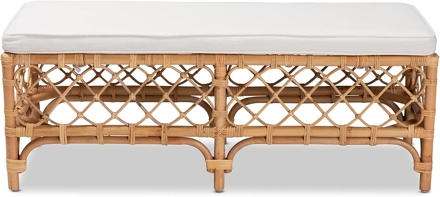 48" Natural Rattan Bench White Cushion