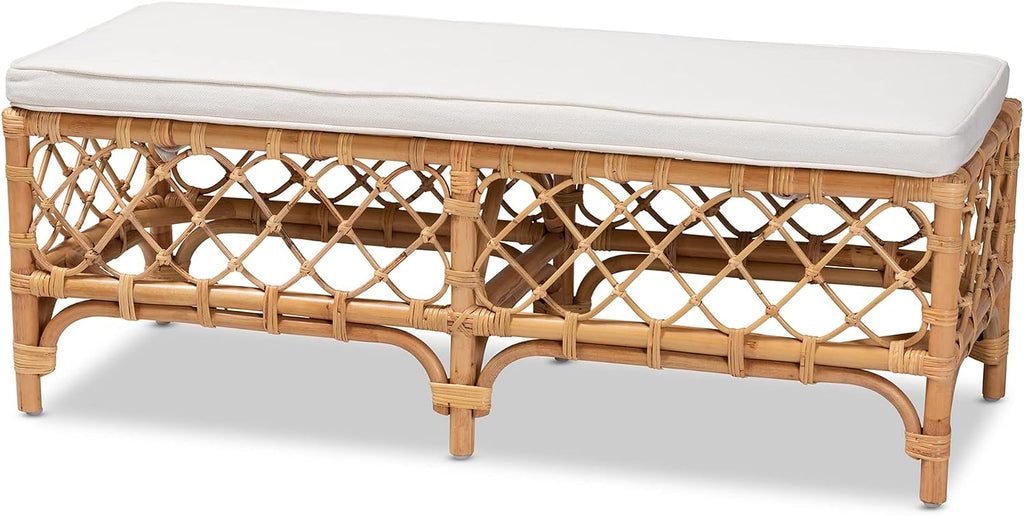 48" Natural Rattan Bench White Cushion