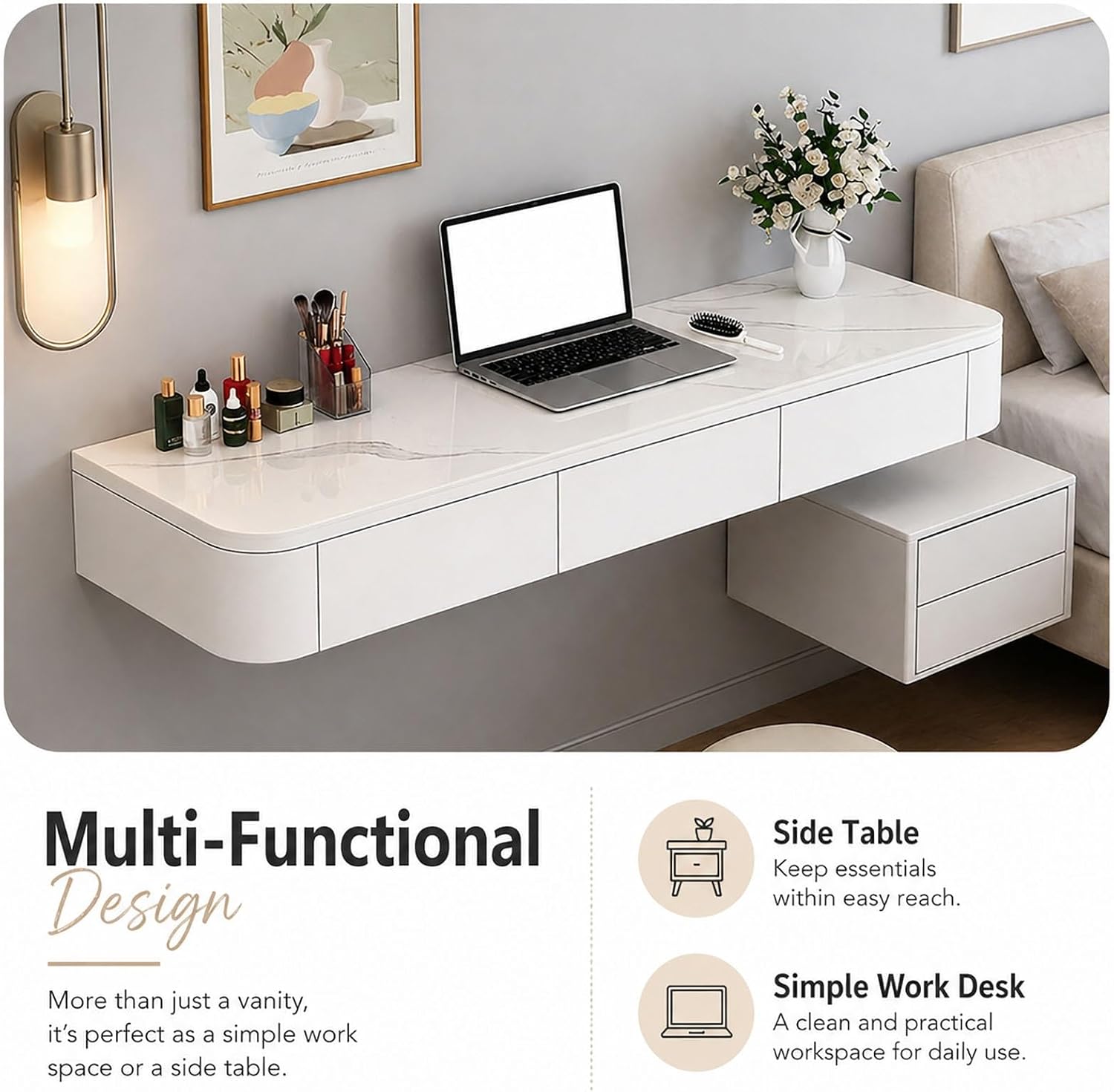 Walnut Marble Floating Makeup Vanity Desk