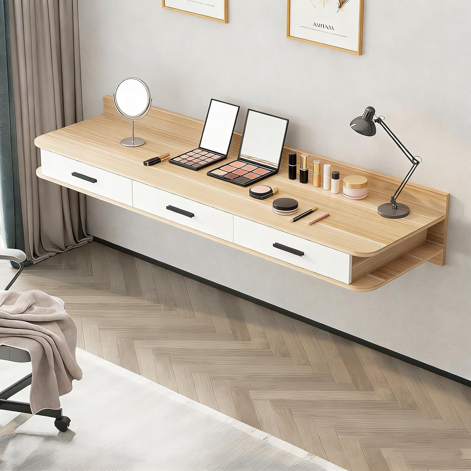 Light Walnut White Floating Makeup Vanity Desk