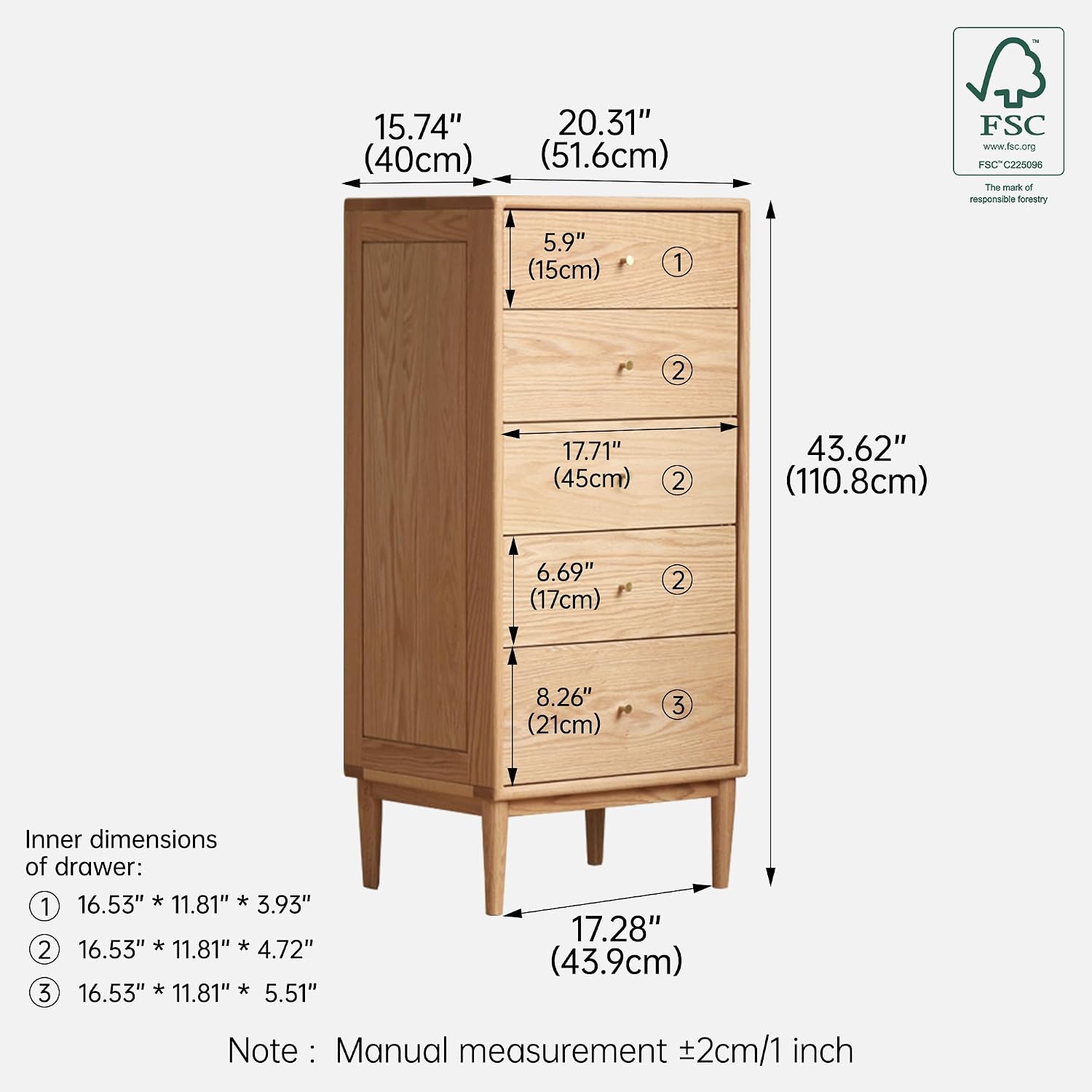 Solid Oak Modern 5 Drawer Dresser