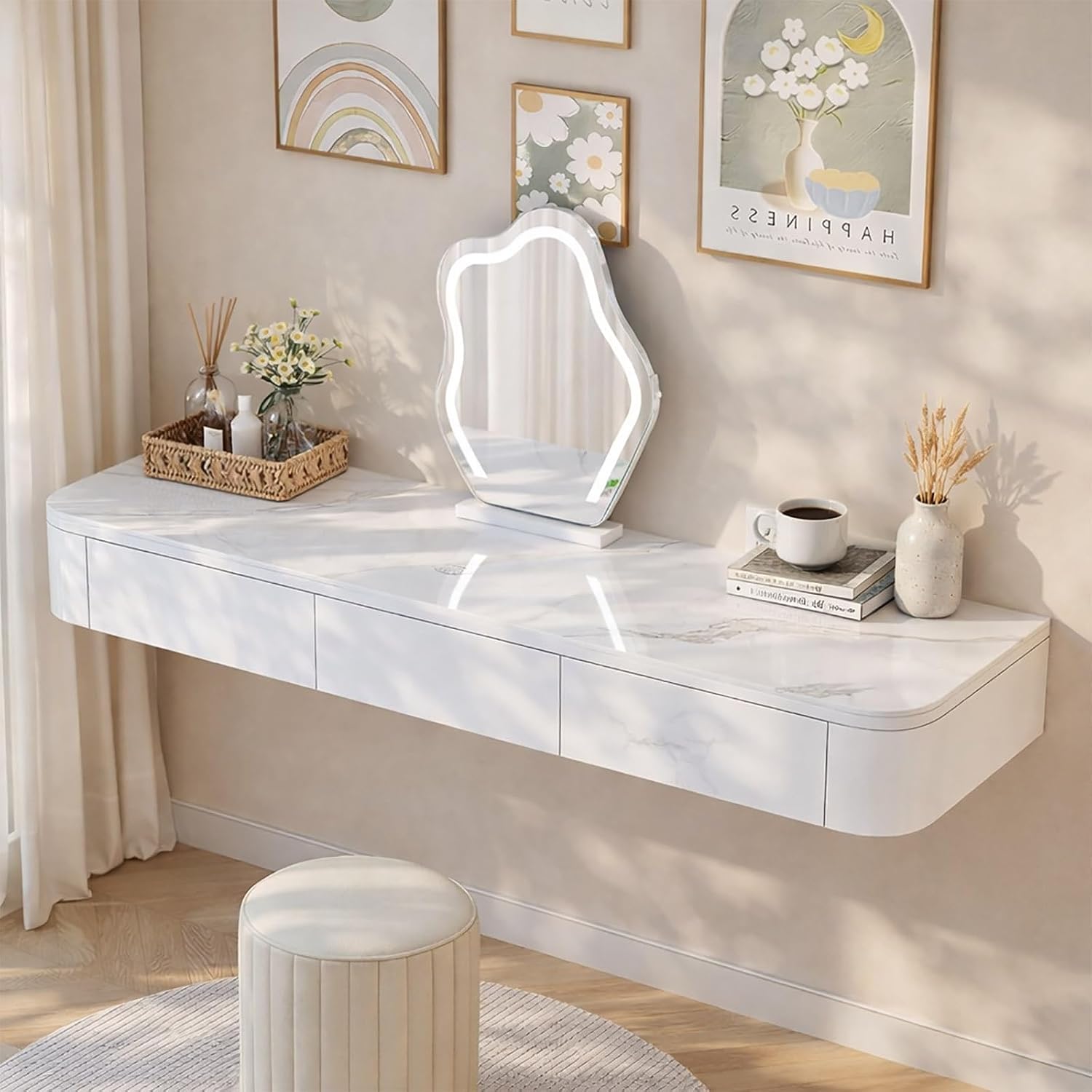 Walnut Marble Floating Makeup Vanity Desk
