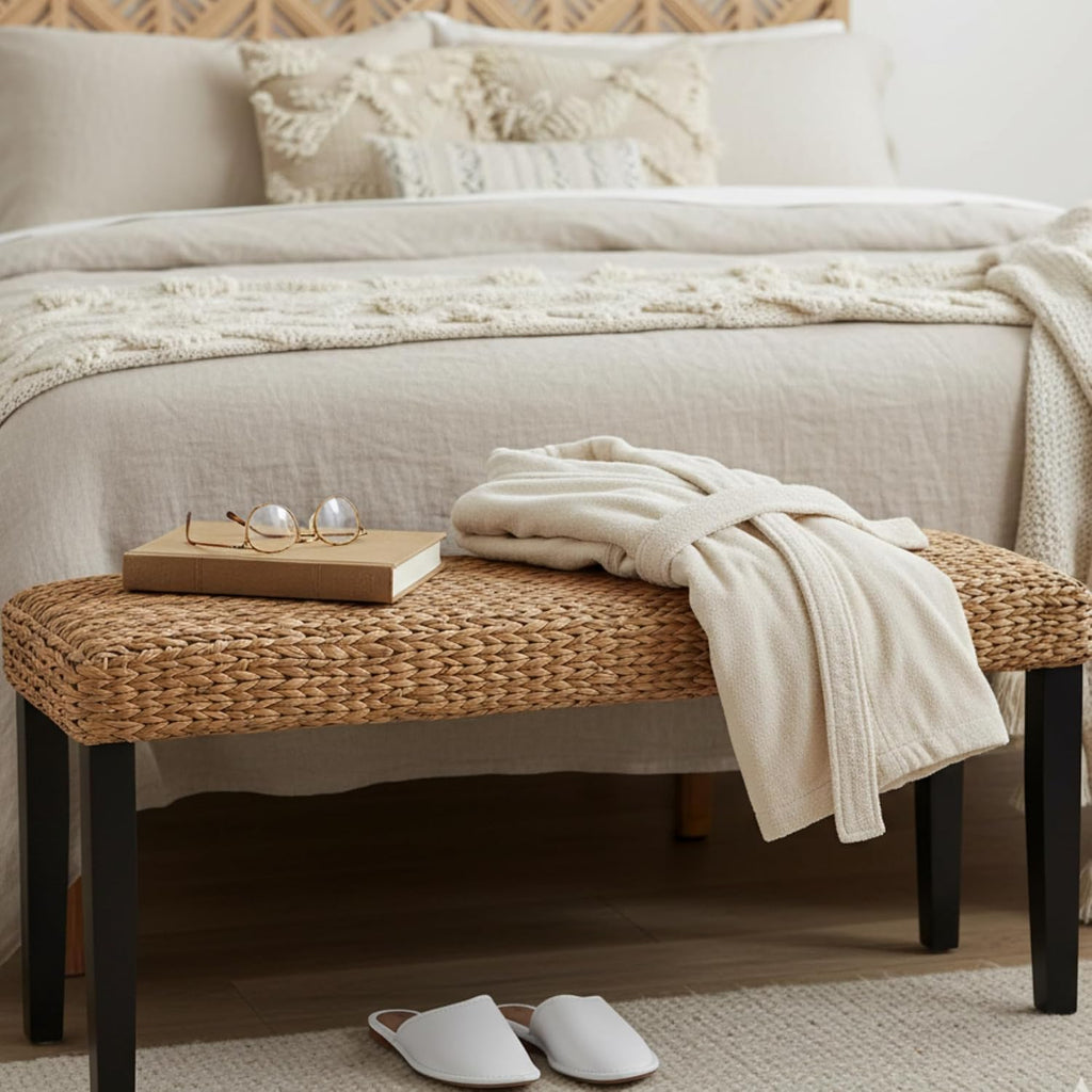 47" Black Leg Acacia Water Hyacinth Bench