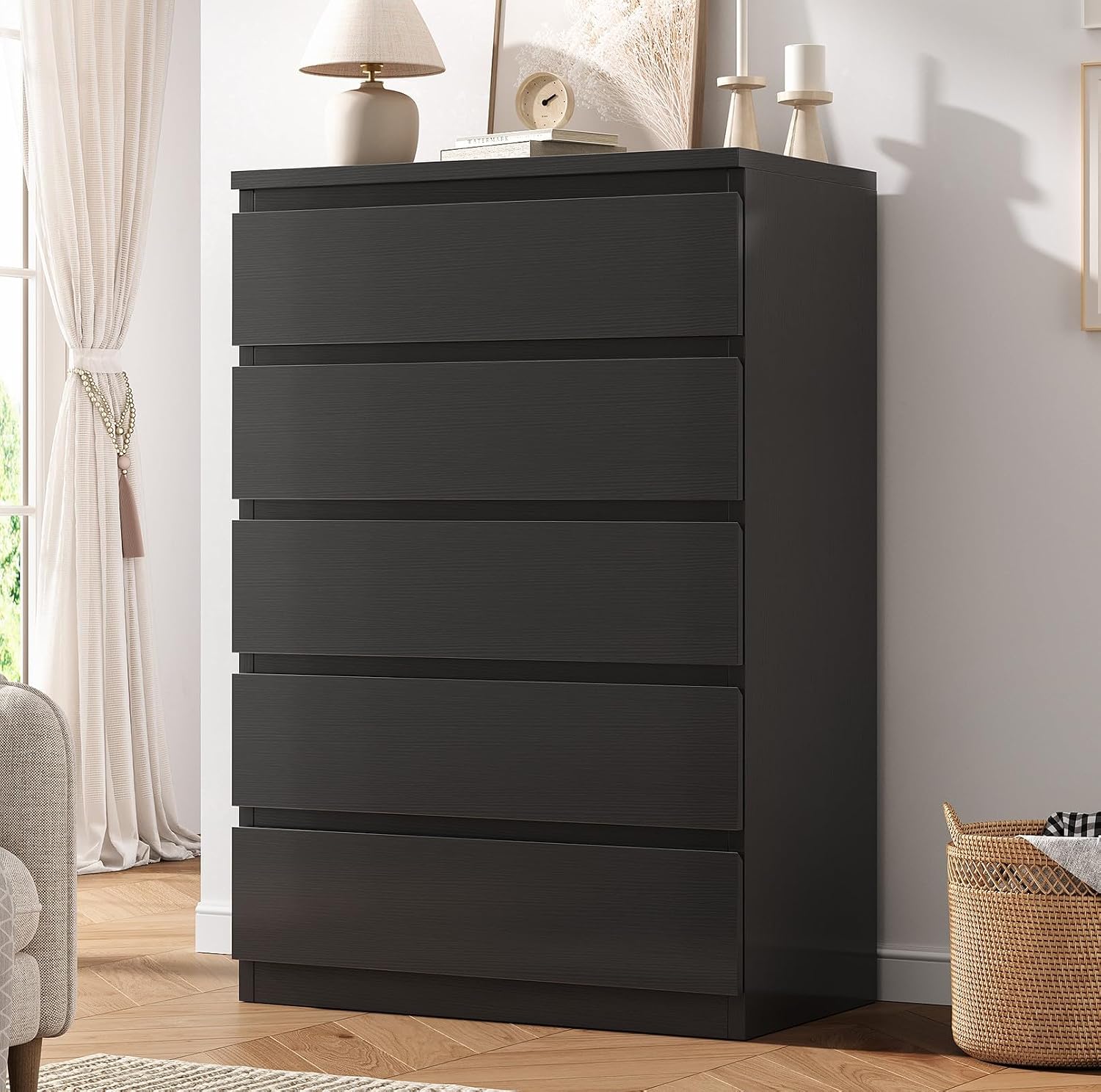 Black Modern Handleless 5 Drawer Dresser
