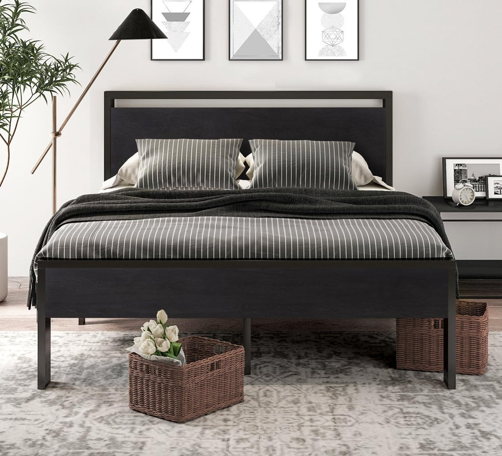 SHA CERLIN Black Oak Queen Bed Frame