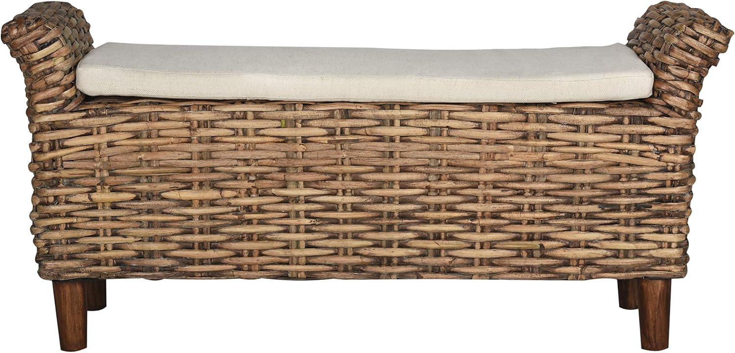 White Brown Mango Wood Coastal Woven Bench
