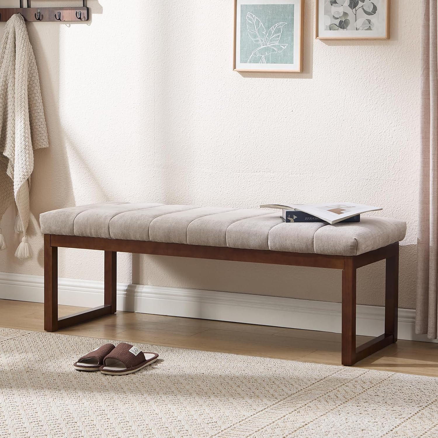 Cream Linen Upholstered Bedroom Bench