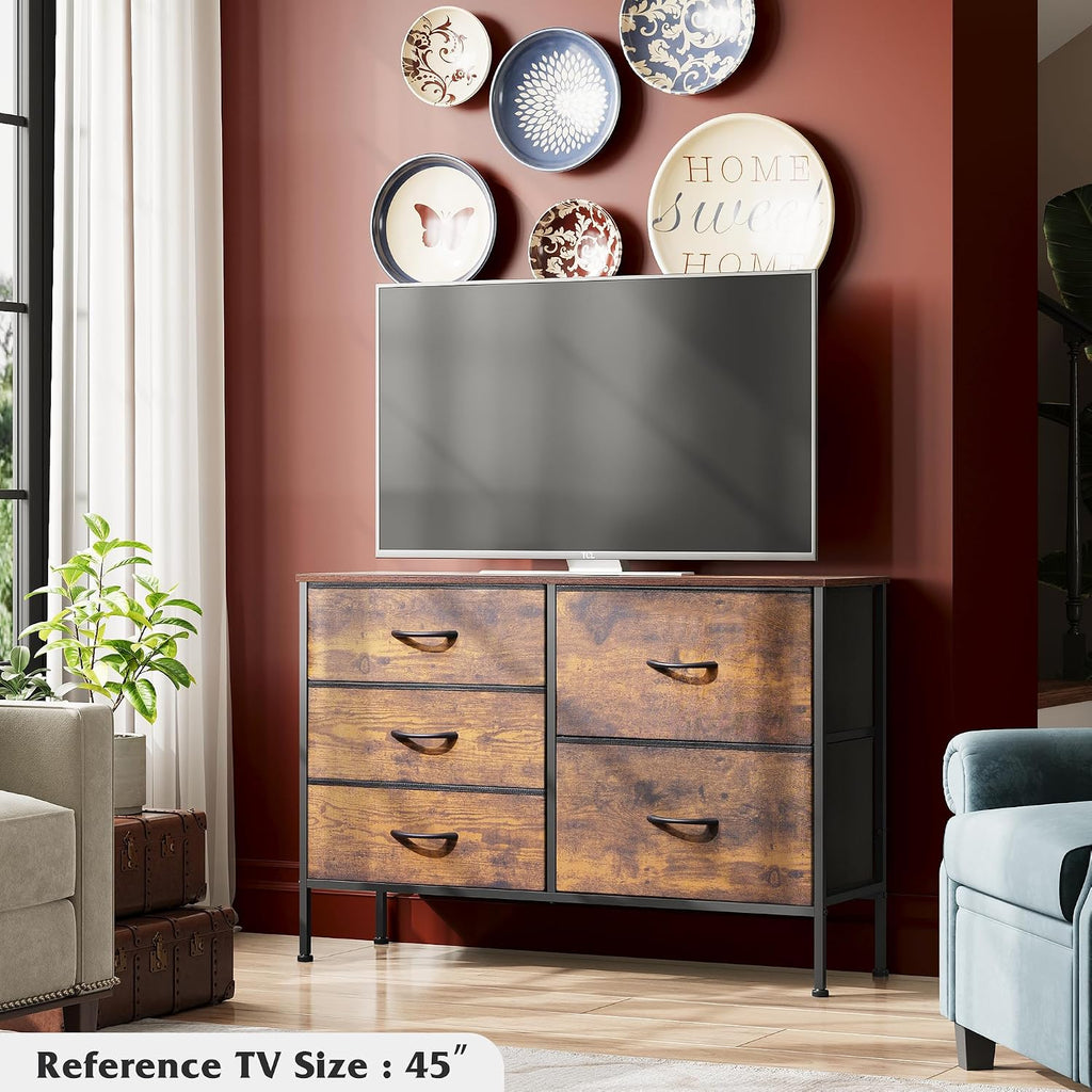 Rustic Brown 5 Drawer Fabric Dresser