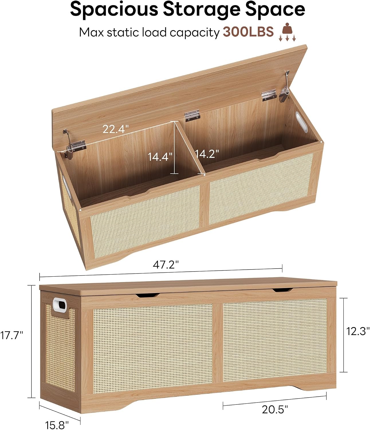 47.2" Rustic Wood Rattan Storage Ottoman Bench