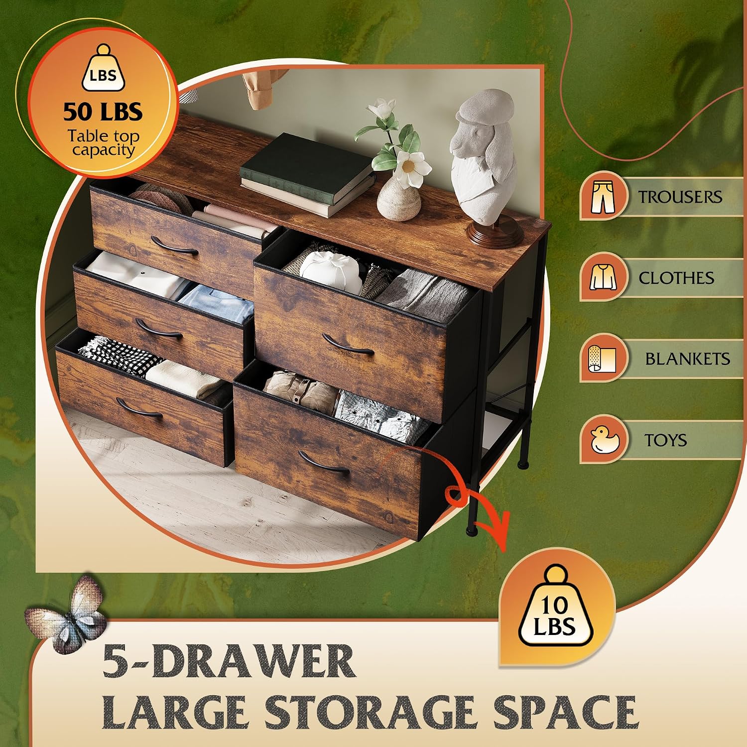 Rustic Brown 5 Drawer Fabric Dresser