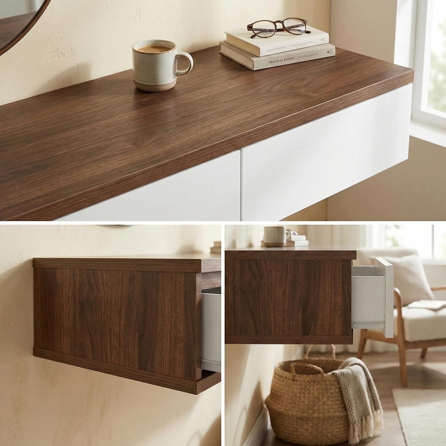 Brown Wall Mounted Floating Vanity Desk