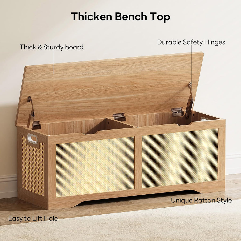 47.2" Rustic Wood Rattan Storage Ottoman Bench