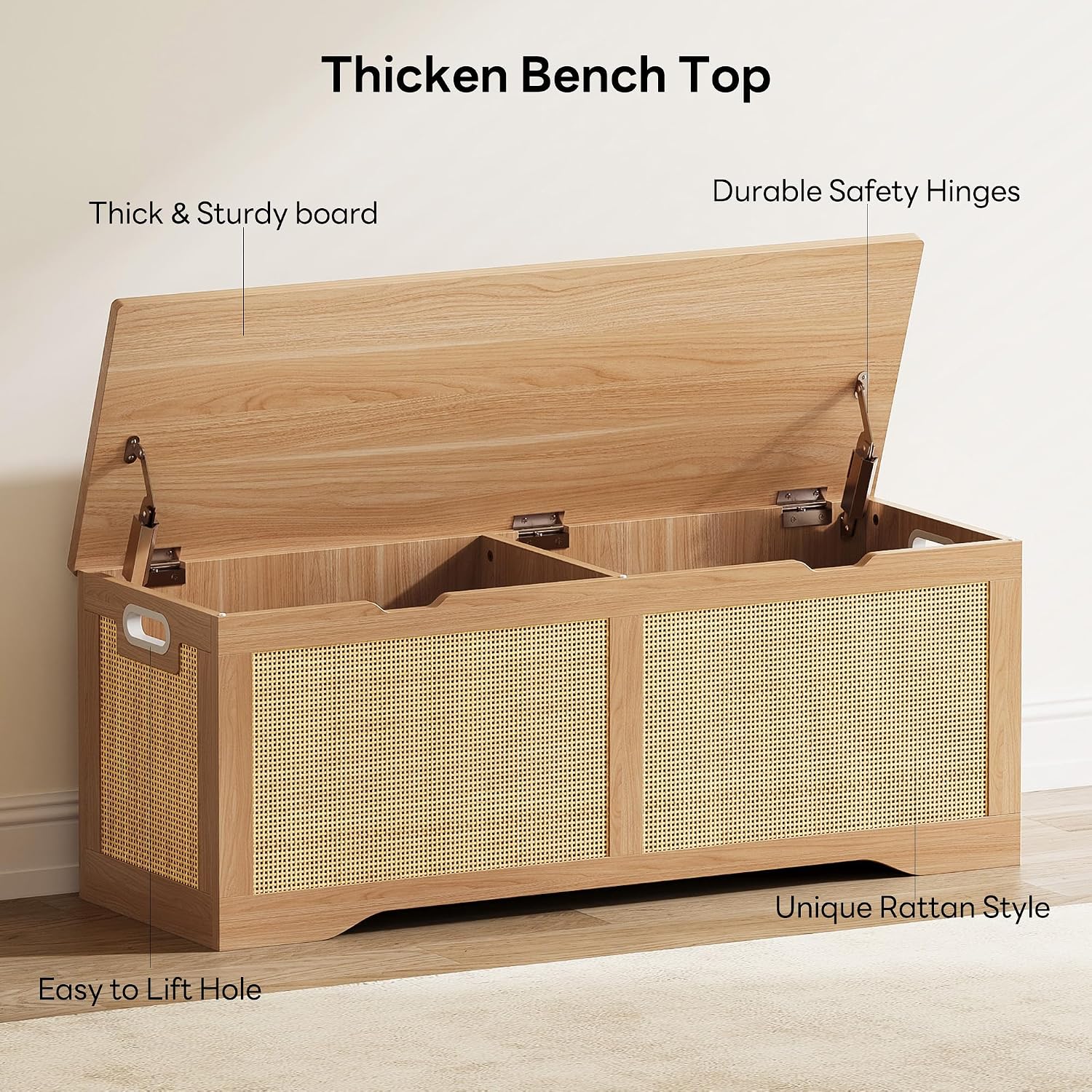 47.2" Rustic Wood Rattan Storage Ottoman Bench