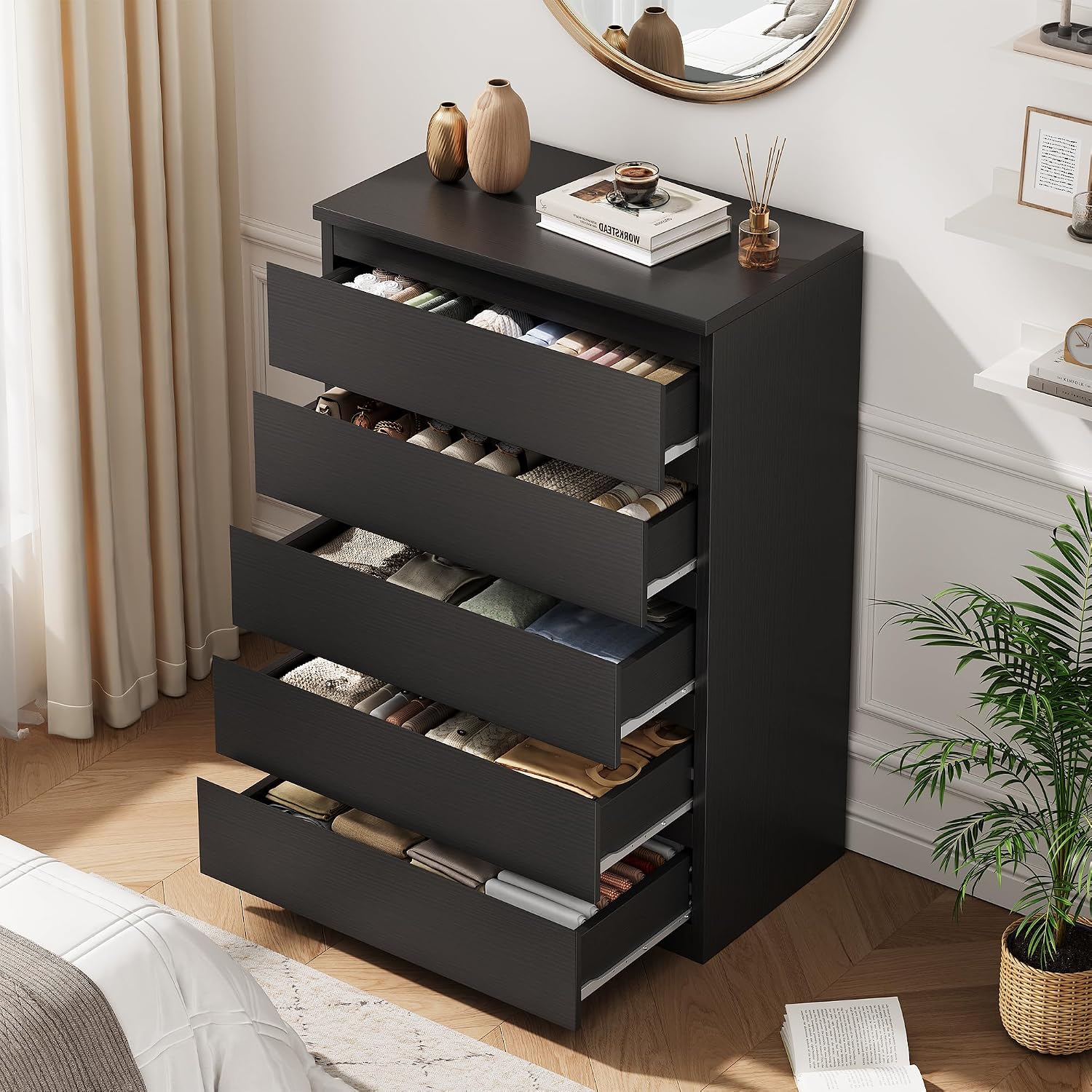 Black Modern Handleless 5 Drawer Dresser
