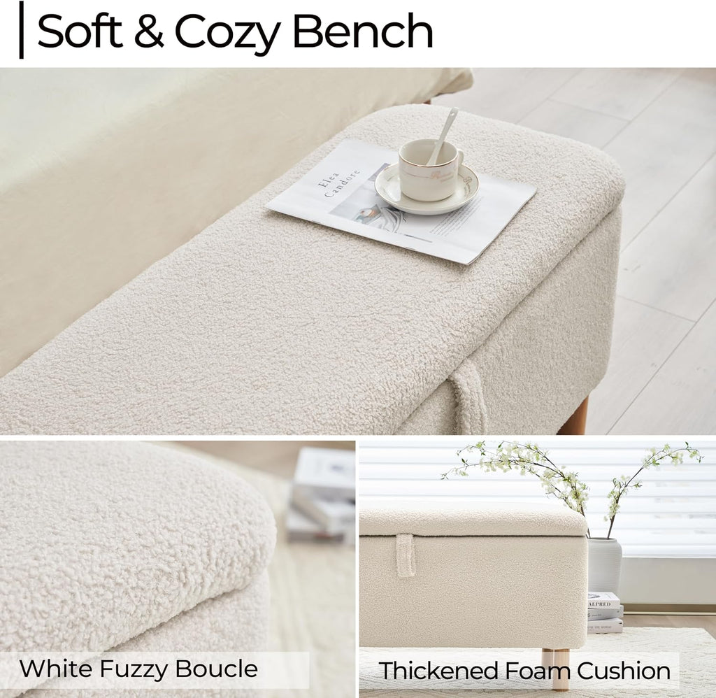 White Boucle Sherpa Storage Ottoman Bench