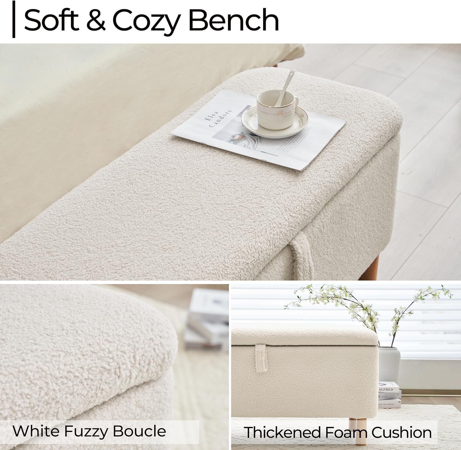 White Boucle Sherpa Storage Ottoman Bench