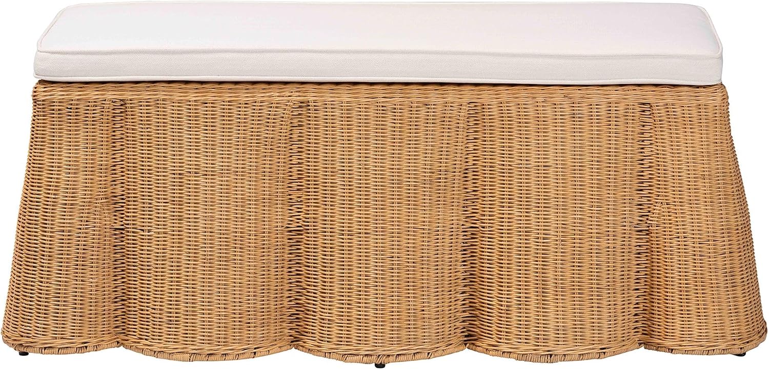 Natural Rattan Scallop Ottoman with Cushion