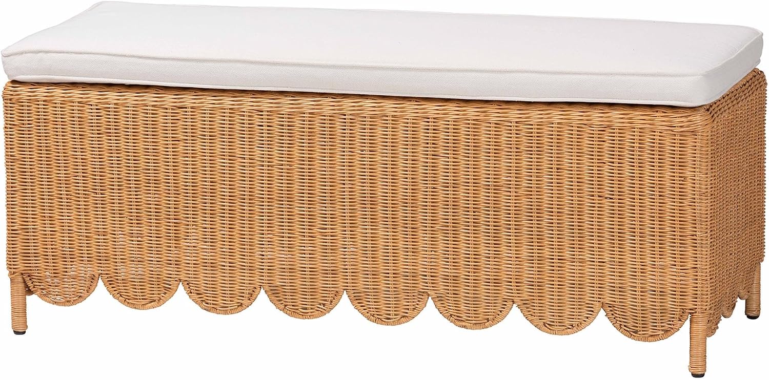 Light Honey Scalloped Rattan Ottoman Bench