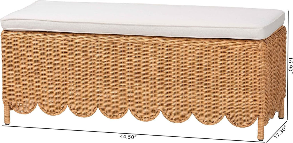 Light Honey Scalloped Rattan Ottoman Bench