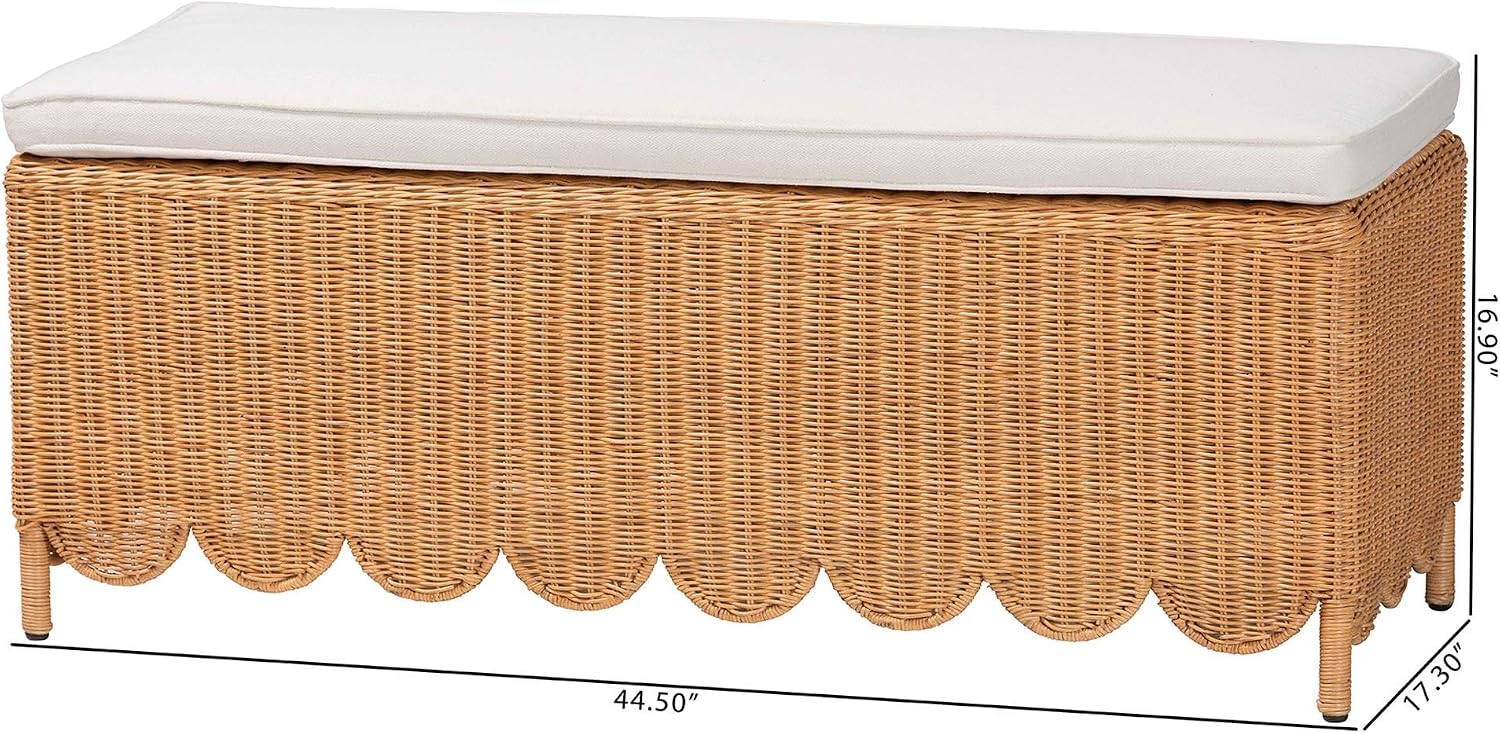 Light Honey Scalloped Rattan Ottoman Bench