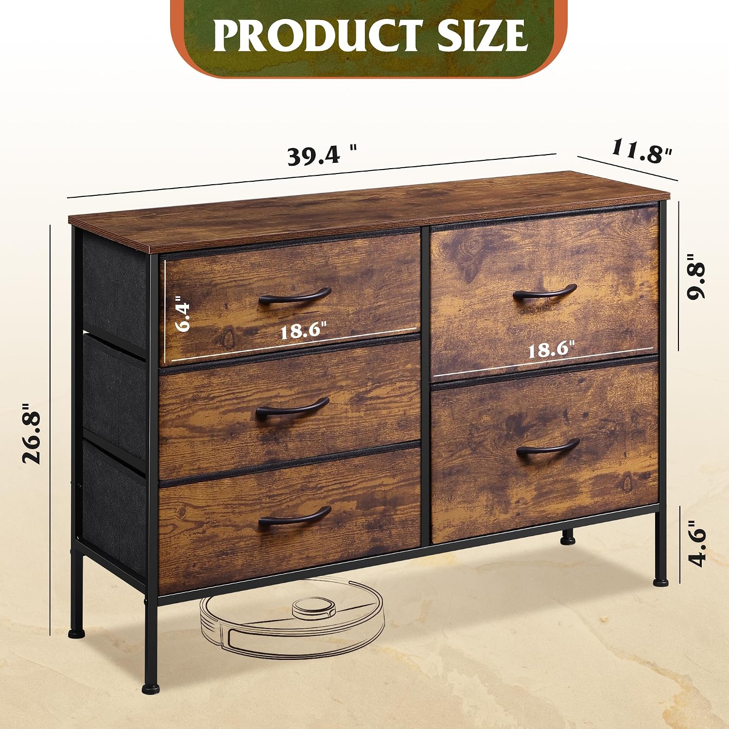 Rustic Brown 5 Drawer Fabric Dresser