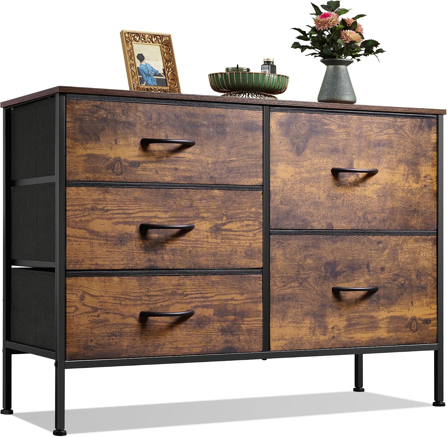 Rustic Brown 5 Drawer Fabric Dresser
