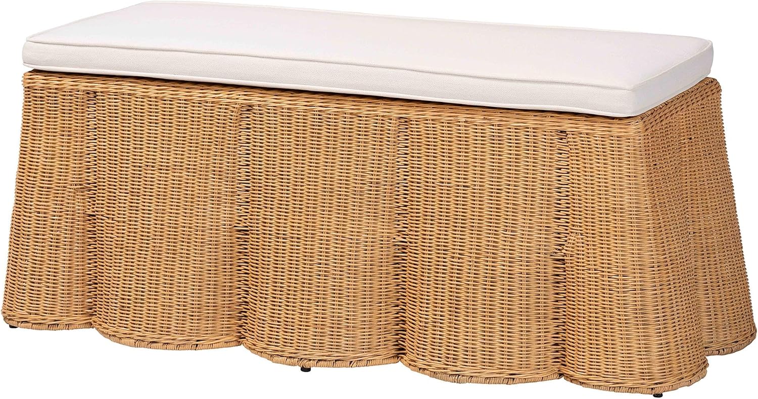 Natural Rattan Scallop Ottoman with Cushion