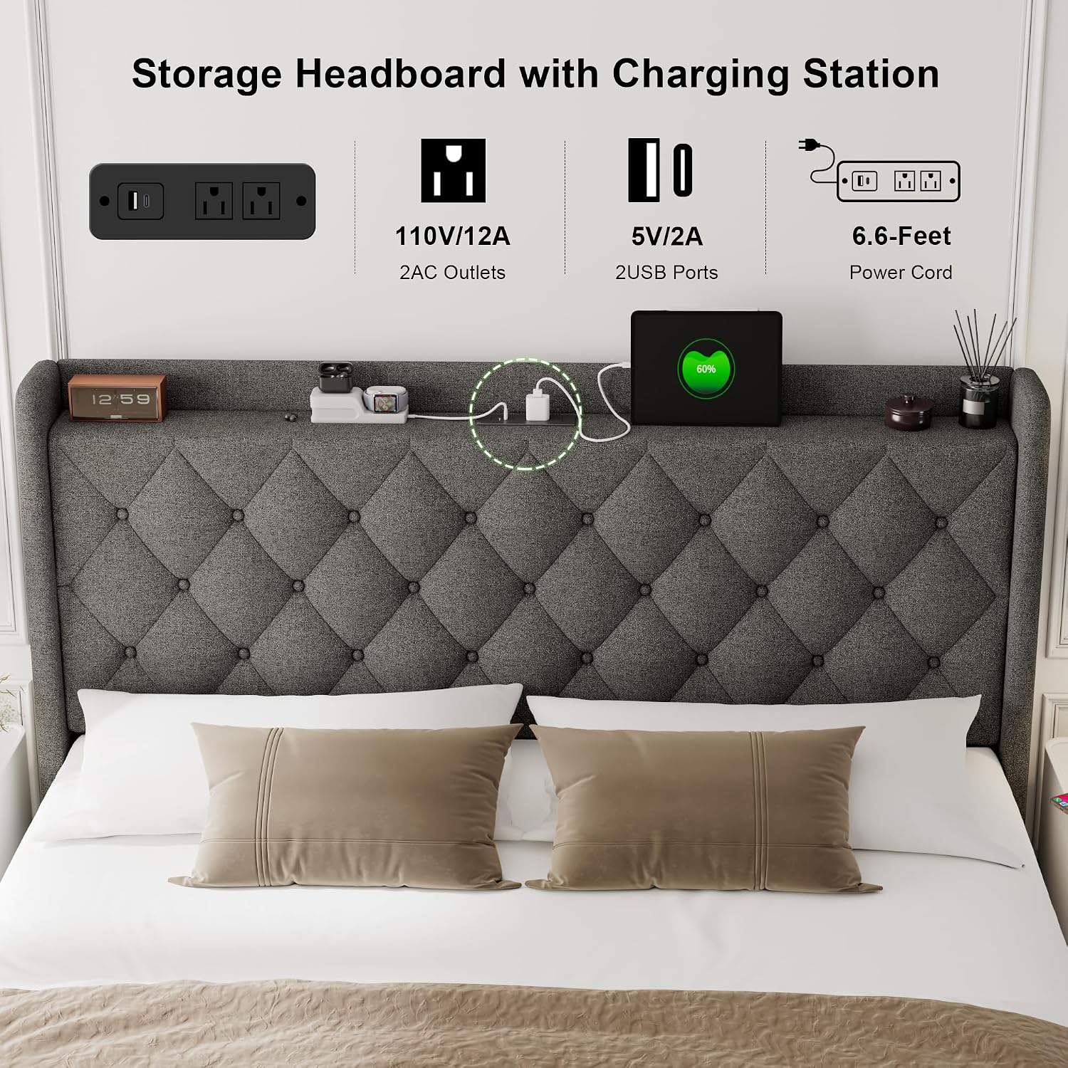 Feonase Dark Gray Lift Storage Queen Bed