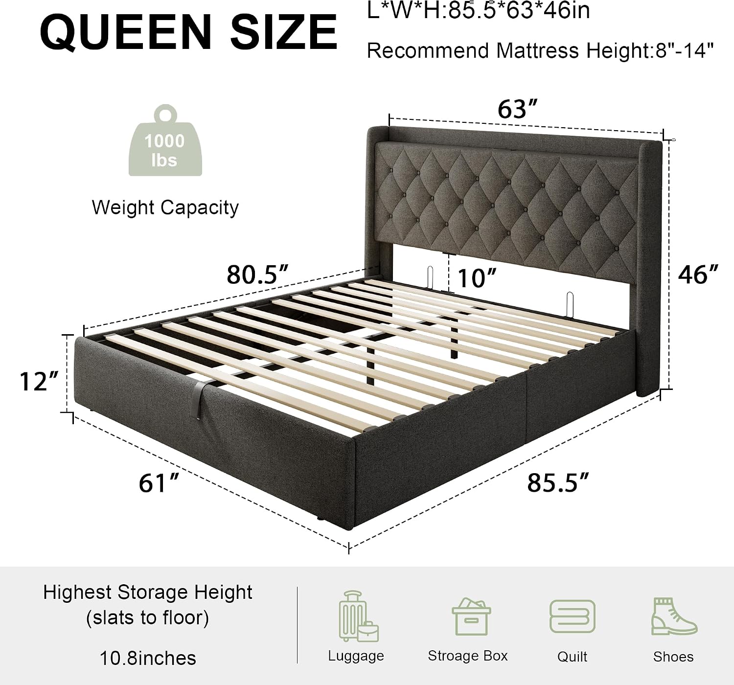Feonase Dark Gray Lift Storage Queen Bed