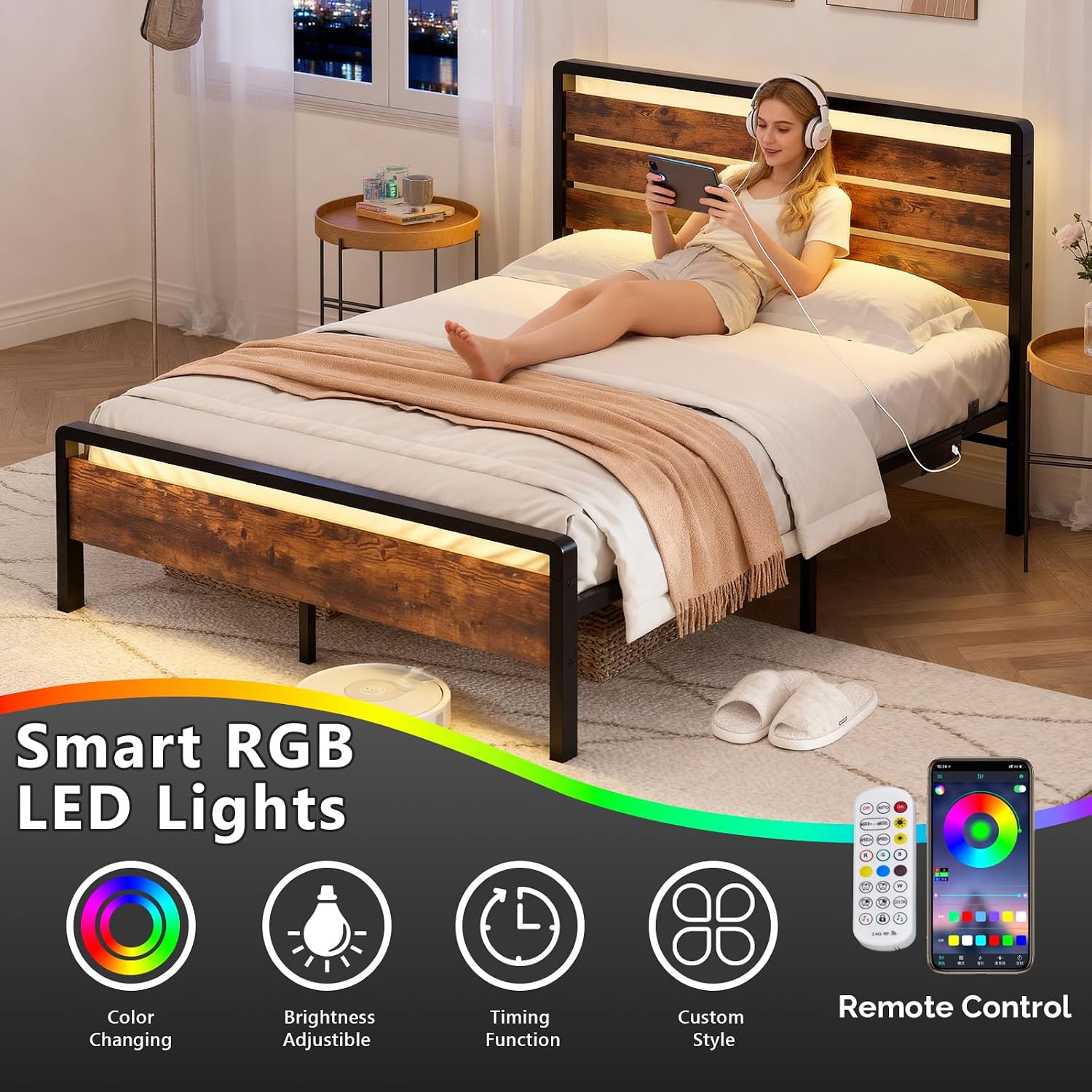 VINGLI Industrial LED Platform Bed Frame