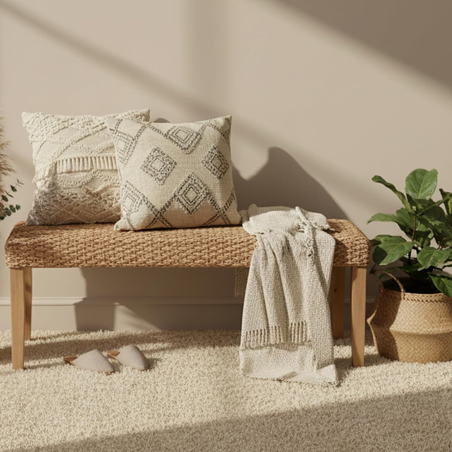 47" Acacia Woven Wicker Boho Bench