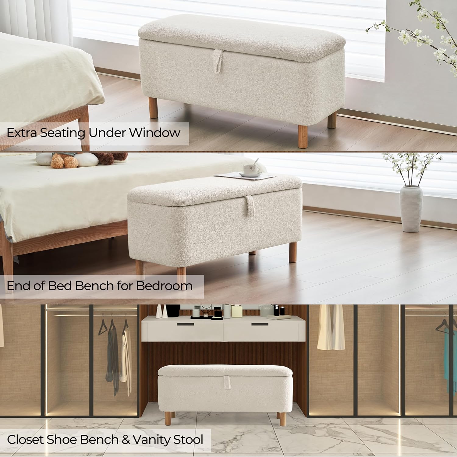 White Boucle Sherpa Storage Ottoman Bench